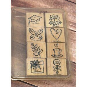 2002 STAMPIN' UP! SKETCH AN EVENT WOOD MOUNTED RUBBER STAMP SET OF 8 HEART GIFT